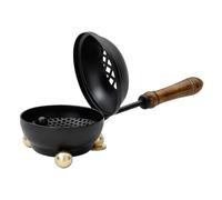 MaMeMi Sartén de Incienso de Hierro con Mango de Madera - Ø 8 cm, 22 cm Total | Quemador Portátil con Malla Extraíble y Pies Dorados | Artesanía India para Resinas y Hierbas