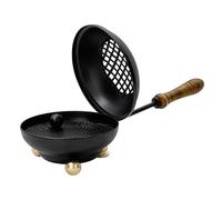 MaMeMi Sartén de Incienso Grande [Ø 11 cm, Largo 25 cm] Hierro Negro Mate con Mango de Madera y Colador Extraíble - Hecho a Mano en India