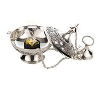 MaMeMi Set de Incienso Vaticano con Incensario de Latón Plateado [Altura 10 cm, Cadena 25 cm] Incluye Incienso y Carbón - Hecho a Mano en India