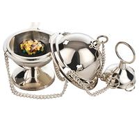 MaMeMi Set Incienso Jerusalén - Barril de Latón Plateado 6×10 cm | Cadena 25 cm | Incluye Incienso y Carbón | Hecho a Mano India