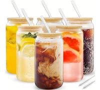 Mamiddle Vasos de Cristal con Tapa y Pajita 500ml/16oz - Vasos Longdrink para Matcha, Cocktails, Té, Zumos, Cerveza - Incluye Pajitas Reutilizables y Cepillo (6 piezas)