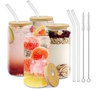 Mamiddle Vasos de Cristal con Tapa y Pajita 500ml/16oz - Vasos Longdrink para Matcha, Cocktails, Té, Zumos, Cerveza - Incluye Pajitas Reutilizables y Cepillo (4 piezas)