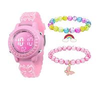 MamiddleReloj Digital para Niños y 2 Pulseras Reloj Digital de Luces de 7 Colores con Alarma Fecha Cronómetro para Niñas de 3 a 12 Años (Set Mariposa Rosa)