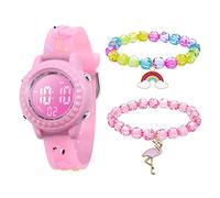 MamiddleReloj Digital para Niños y 2 Pulseras Reloj Digital de Luces de 7 Colores con Alarma Fecha Cronómetro para Niñas de 3 a 12 Años (Set Flamenco Rosa)