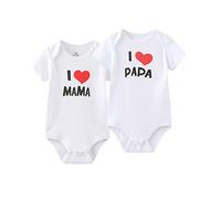 MAMIMAKA Paquete de 2 mamelucos unisex de una pieza para recién nacidos con texto en inglés "I Love Papa I Love Mama", de 0 a 24 meses, para niños y niñas, Blanco 2015, 6-9 Months