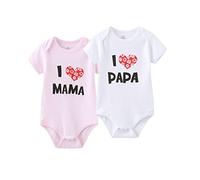 MAMIMAKA Paquete de 2 mamelucos unisex para recién nacidos, gemelos I Love Papa I Love Mama de 0 a 24 meses para niños y niñas, Pink+White 2025, 1 mes
