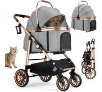 MAMIZO 4 en 1 Carrito para perros, Soporta 25 kg, 4 PCS Ruedas de Goma 360°, Amortiguación, Carrito Plegable, Transporte Bolsa, Ventana de Malla, Portavasos Almacenamiento Cesta, Gris
