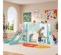 MAMIZO 9 en 1 Tobogán Infantil, Tobogán para Niños con Canasta de Baloncesto y Telescopio de Juego, Tobogán Infantil Interior y Exterio,con Almacenamiento, Túnel, a mit 2PCS Moduls, Verde y Blanco