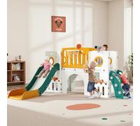 MAMIZO 9 en 1 Tobogán Infantil, Tobogán para Niños con Canasta de Baloncesto y Telescopio de Juego, Tobogán Infantil Interior y Exterio,con Almacenamiento, Túnel, a mit 2PCS Moduls, Amarillo Verde
