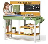 MAMIZO Cocina de Jardín Infantil Exterior de Madera, Cocina de Juguete con Grifo Funcional, Maceteros, Herramientas de Jardín, Pizarrón, Estanterías y Accesorios, 93x37x88 cm, para Niños +3 Años