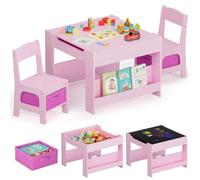 MAMIZO Mesa Infantil con 2 PCS sillas, Juego de Mesa y sillas 3 en 1, Muebles Infantiles de Madera con almacenaje y estanterías, Mesa de Juegos y Actividades, Mesa de Arte (Rosa)
