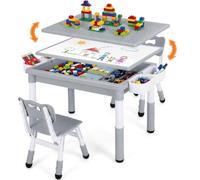 MAMIZO Mesa infantil con 2 sillas, mesa de actividades infantil regulable en altura con espacio de almacenamiento, cama reversible para graffiti y bloques de construcción, muebles para niños pequeños