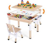MAMIZO Mesa infantil con 2 sillas, mesa de actividades infantil regulable en altura con espacio de almacenamiento, cama reversible para graffiti y bloques de construcción, muebles para niños pequeños