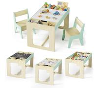 MAMIZO Mesa y Silla Infantil, Mesa Infantil con 2 PCS Sillas con Espacio de Almacenamiento, con Tablero Reversible, para Guardería, Colegio, Habitación Infantil, 3 + Años, Color de Madera con Verde
