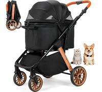 MAMIZO One-Touch Passeggino per cani, Passeggino pieghevole gatti, fino a 25 kg, Telaio Alu & acciaio carbonio, Maniglione regolabile in altezza, Portabicchieri, 4 PCS ruote, per cani e gatti (Nero)