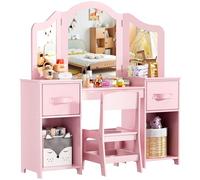 MAMIZO Tocador Infantil 2 en 1 con Espejo Extraíble, Escritorio para Niños con Taburete, 2PCS Cajón de Tela, Tocador Madera Niña, Tocadores Maquillaje Infantil 108x30x114 cm, Rosa