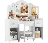 MAMIZO Tocador Infantil 2 en 1 con Espejo Extraíble, Tocador Madera Niña, Escritorio para Niños con Taburete, 2PCS Cajón de Tela, Tocadores Maquillaje Infantil 108x30x114 cm, Blanco