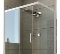 MAMPARA DE DUCHA ANGULAR CORREDERA PVC VIDRIO TRANSPARENTE IMPRESO PERFIL BLANCO