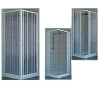 Mampara de ducha de dos puertas con cierre de ángulo de 90º Producto de PVC no tóxico autoextinguible. Se puede reducir en tamaño mediante el corte del carril. Color blanco.