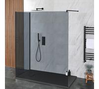 Mampara de Ducha de Obra de 2 Lados - Vidrio Ahumado con Plato de Ducha de 1100mm x 700mm de Color Blanco con Efecto Pizarra y Brazo de Soporte Mural