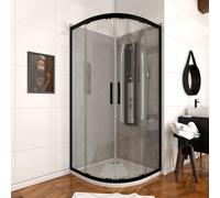 Mampara de ducha en esquina curva corredera transparente factory perfil aluminio negro 200 cm cristal 6 mm con guía inferior marca aurlane