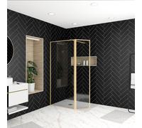 Mampara de ducha fija + abatible austine perfil aluminio dorado (130+40) x 200 cm cristal templado 6mm transparente reversible aurlane
