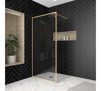 Mampara de ducha fija austine perfil aluminio dorado (100)x200 cm cristal templado 6mm transparente reversible. barra fijación muro o techo recortable incluida aurlane