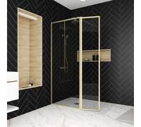 Mampara de ducha fija austine perfil aluminio dorado (120)x200 cm cristal templado 6mm transparente reversible. barra fijación muro o techo recortable incluida aurlane