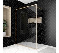 Mampara de ducha fija austine perfil aluminio dorado (140)x200 cm cristal templado 6mm transparente reversible. barra fijación muro o techo recortable incluida aurlane