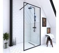 Mampara de ducha fija austine perfil aluminio negro (100)x200 cm cristal templado 6mm transparente reversible. barra fijación muro recortable incluida aurlane