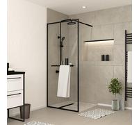 Mampara de ducha fija austine perfil aluminio negro (100)x200 cm cristal templado 6mm transparente reversible. barra fijación muro recortable incluida aurlane