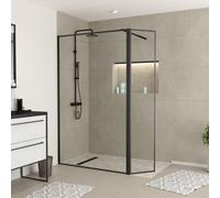 Mampara de ducha fija austine perfil aluminio negro (130)x200 cm cristal templado 5mm transparente reversible. barra fijación muro recortable incluida aurlane