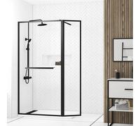 Mampara de ducha fija austine perfil aluminio negro (130)x200 cm cristal templado 6mm transparente reversible. barra fijación muro o techo recortable incluida aurlane