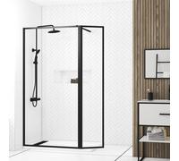Mampara de ducha fija austine perfil aluminio negro (140)x200 cm cristal templado 6mm transparente reversible. barra fijación muro o techo recortable incluida aurlane