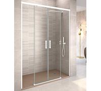 Mampara de Ducha Frontal Corredera | 2 Fijos + 2 puertas Corredera Apertura Central TRANSPARENTE | Cristal Templado 6mm Antical y 195cm de Altura | Perfilería Blanco Mate 145cm (Adaptable 142-147cm)