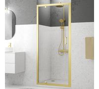 Mampara de ducha frontal de 1 puerta batiente factory perfil aluminio dorado. cristal templado de seguridad transparente 6mm con guía inferior aurlane