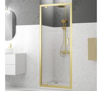 Mampara de ducha frontal de 1 puerta batiente factory perfil aluminio dorado. cristal templado de seguridad transparente 6mm con guía inferior aurlane