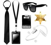 Man In Black Disfraz Carnaval - Accesorios Disfraces Vigilante Seguridad Carnaval Mujer Hombre con Gafas de Sol, Corbata, Auriculares Simulados, Tarjeta de Identificación, Tarjetero, Pin de Estrella