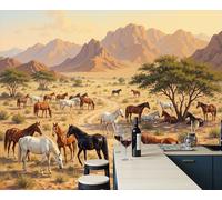Manadas De Caballos Desierto Pradera Papel Pintado Panorámico 400x280cm, Paisaje Del Oeste Clásico Papel Pintado De Seda, Grandes Murales Para Salón Sala De Estar Estudio Decoración, Marrón