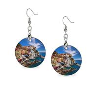 Manarola Italy Cinque Terre Coastal Town - Pendientes de madera para mujer, ligeros, para viajes, fiestas, circulares, Circular, Metal