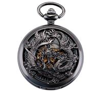 ManChDa Antiguo Negro Hunter Números Romanos Dragon y Phoenix/Reno Patrón Hueco Mecánico Reloj de Bolsillo + Caja de Regalo (1.Black, HBH065)