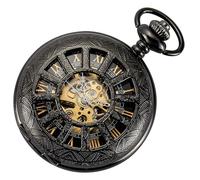 ManChDa Reloj de bolsillo con cubierta de lupa especial, relojes mecánicos de bolsillo, esqueleto de mano, números romanos steampunk, reloj antiguo y cadena + caja de regalo, C1-b. Negro, dorado,