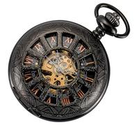 ManChDa Reloj de bolsillo - Reloj de bolsillo con cadena mecánica esqueleto antiguo steampunk vintage 12 ventanas pequeñas caja hueca reloj para hombre | Negro oro rosa números romanos