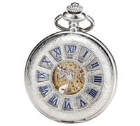 ManChDa Reloj de bolsillo - Reloj de bolsillo con cadena mecánica esqueleto antiguo steampunk vintage 12 ventanas pequeñas caja hueca reloj para hombre | Números romanos azul plateado