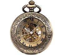 ManChDa® Retro Reloj de Bolsillo Hombres Mujeres Lupa Especial Cazador de Media Elegante Caja Grabado Esqueleto de Steampunk Movimiento mecánico con Cadena + Caja Regalo