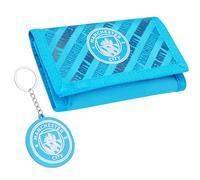 Manchester City F.C. - Cartera triple para niños y adolescentes con bolsillo para monedas, ranuras para tarjetas de efectivo y llavero, regalo de fútbol para niños