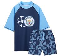 MANCHESTER CITY F.C. - Conjunto de traje de baño para niños, 2 piezas, traje de baño, pantalones cortos, chaleco de erupción, piscina, playa, vacaciones esenciales, azul marino, 11-12 Años