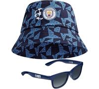 MANCHESTER CITY F.C. - Juego de gorra de béisbol o sombrero de pescador y gafas de sol para niños, sombrero de verano 100% UV, artículos esenciales para vacaciones para niños, Cubo azul marino, 6-14