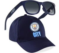 MANCHESTER CITY F.C. - Juego de gorra de béisbol o sombrero de pescador y gafas de sol para niños, sombrero de verano 100% UV, artículos esenciales para vacaciones para niños, Gorra azul marino, 6-14