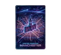 Manchester Cyber Synthwave Travel Neon Urban City Map Guide - Placa de metal para decoración de pared para cafetería, cueva de hombre, club, bar, oficina, hogar, jardín, póster redondo de metal de 8 x